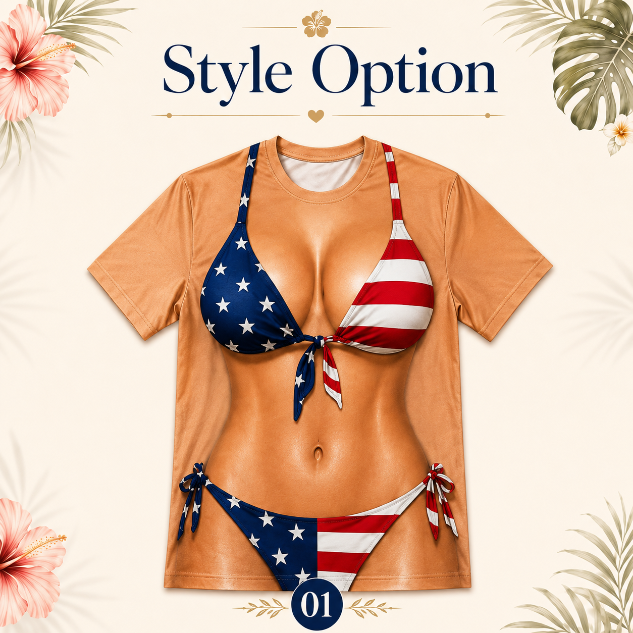 Custom Funny Patriotic T Shirt for Women, Faux Bikini Illusion Tee