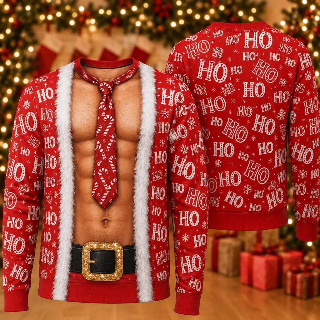 Santa Fake Abs Hairy 3D Sweatshirt, Funny Santa Claus Ho Ho Ho Ugly Christmas Sweatshirt, Gag Gift for Husband, Cute 3D Holiday Sweater