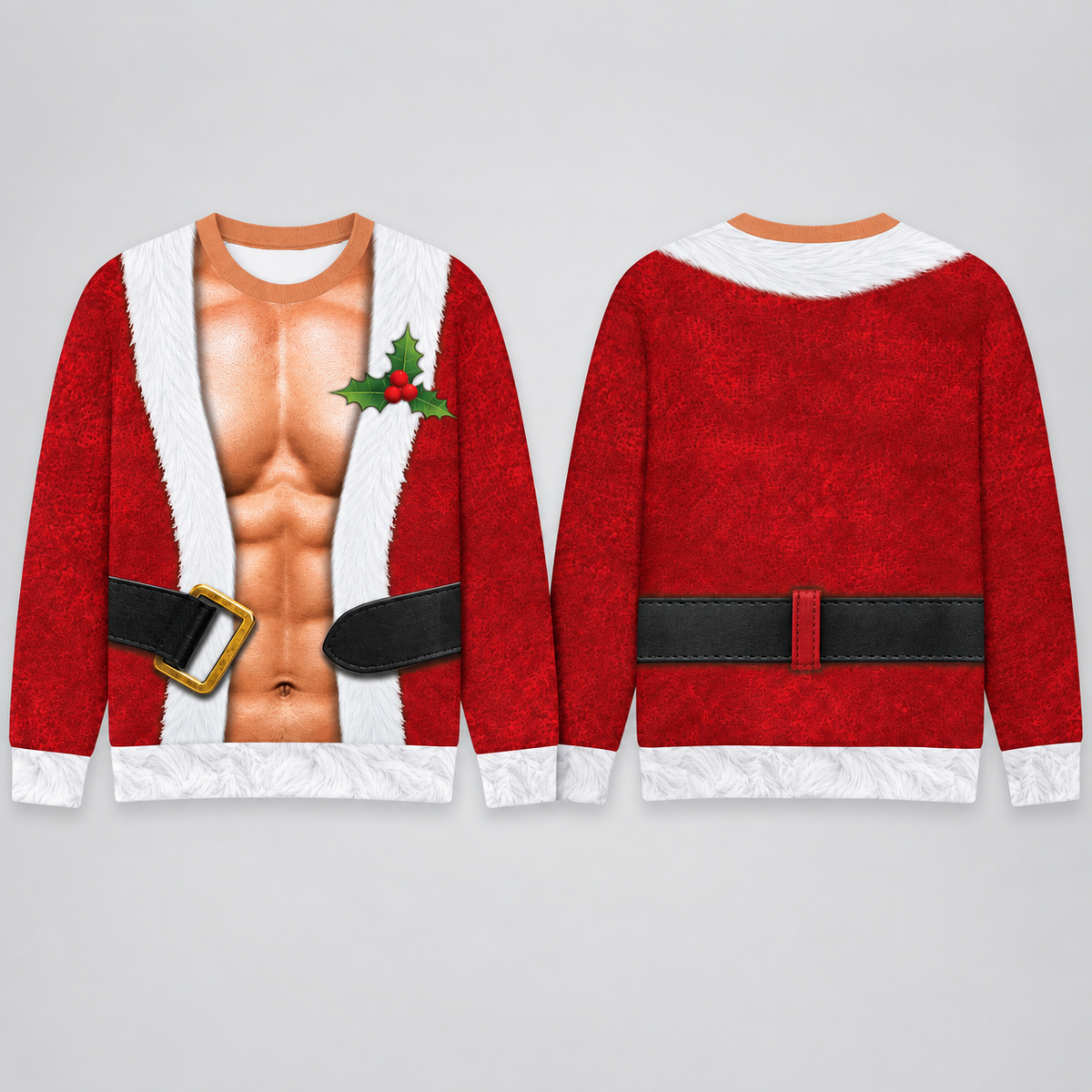 Funny Hairy Chest Santa Christmas Sweater, Realistic 3D Print Red Suit Sweatshirt, Hilarious Holiday Party Outfit, White Elephant Gag