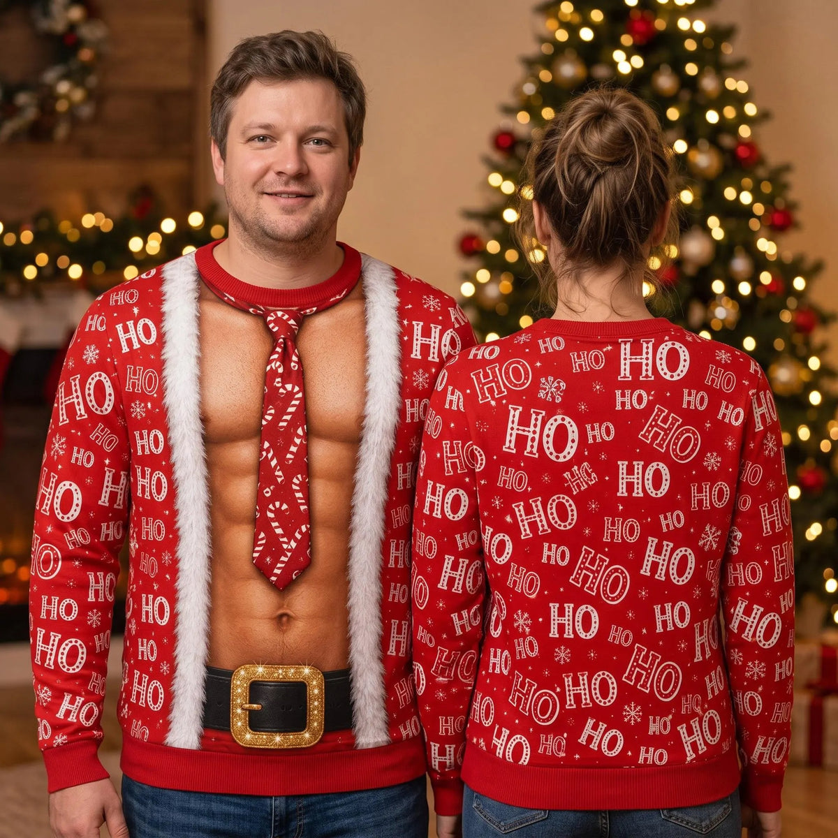 Santa Fake Abs Hairy 3D Sweatshirt, Funny Santa Claus Ho Ho Ho Ugly Christmas Sweatshirt, Gag Gift for Husband, Cute 3D Holiday Sweater