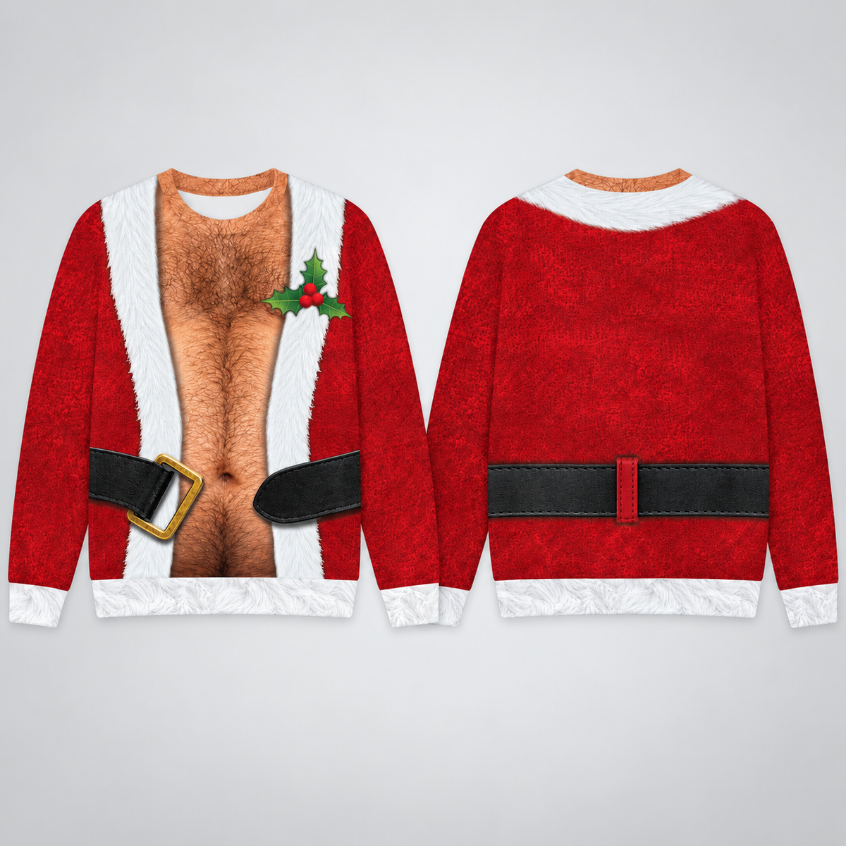 Funny Hairy Chest Santa Christmas Sweater, Realistic 3D Print Red Suit Sweatshirt, Hilarious Holiday Party Outfit, White Elephant Gag