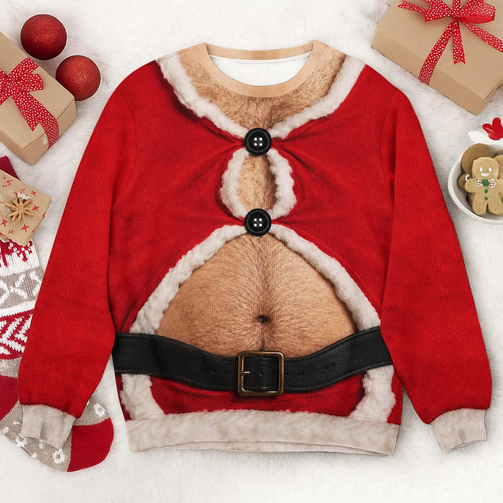 Funny Santa Belly Illusion Sweater, Ugly Christmas Party Shirt for Men