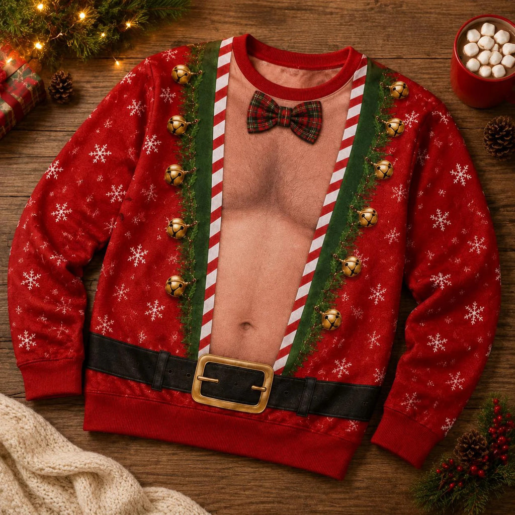 Funny Christmas Knitted Sweater, Ugly Xmas Shirt, Faux Hairy Chest Sweater, Holiday Party Outfit, Adult & Kids Christmas Sweater