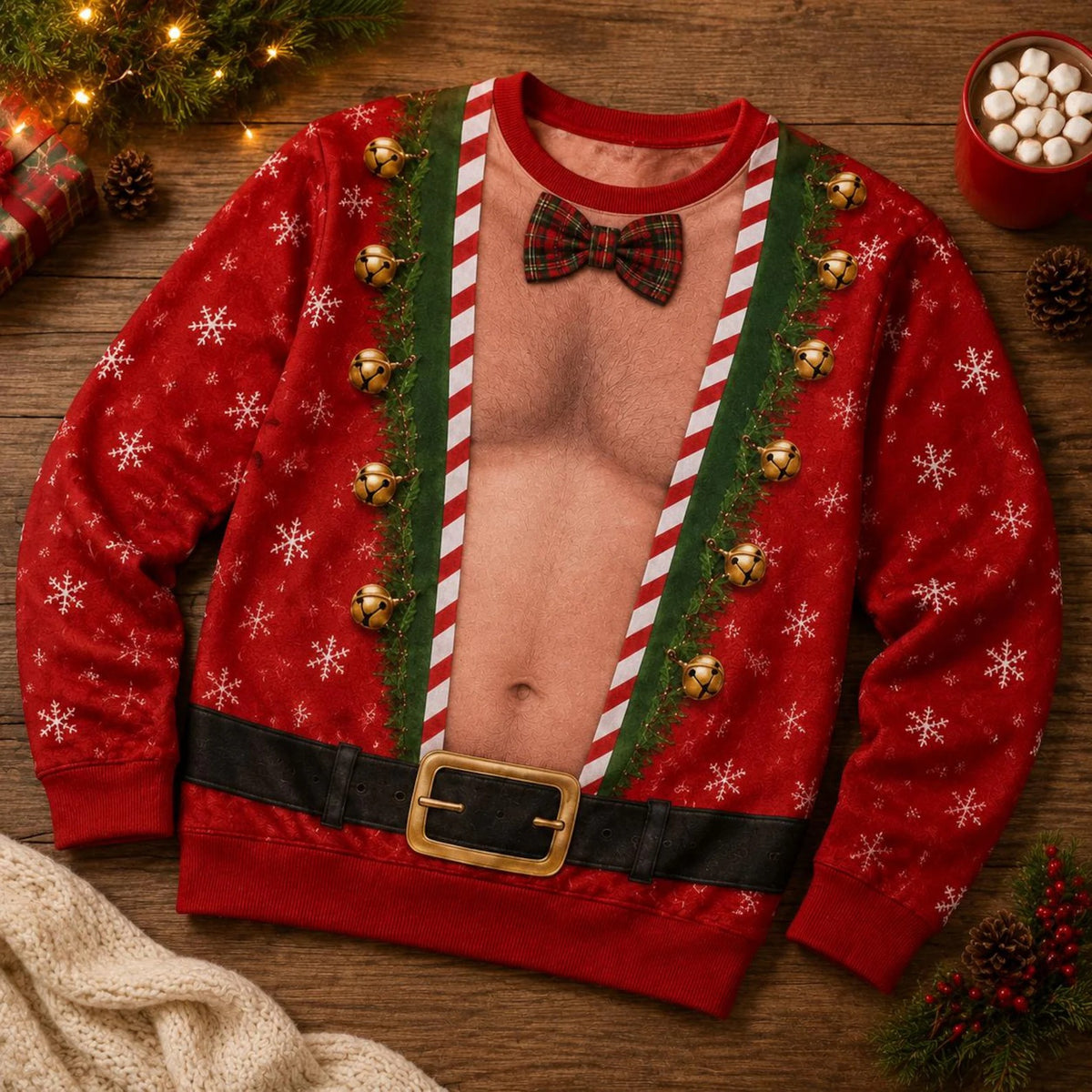 Funny Christmas Knitted Sweater, Ugly Xmas Shirt, Faux Hairy Chest Sweater, Holiday Party Outfit, Adult & Kids Christmas Sweater