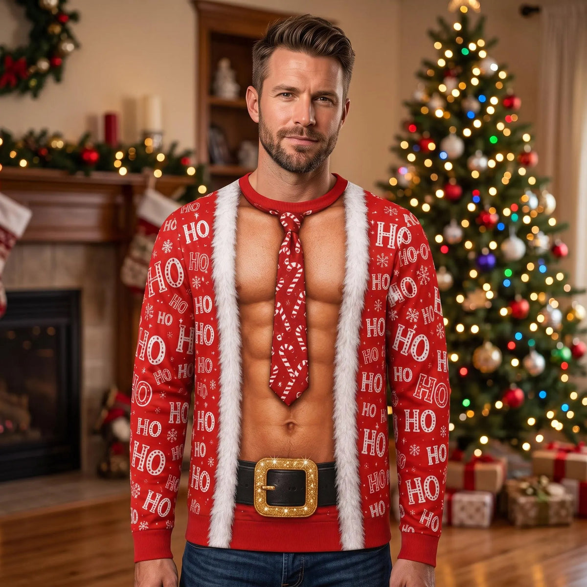Santa Fake Abs Hairy 3D Sweatshirt, Funny Santa Claus Ho Ho Ho Ugly Christmas Sweatshirt, Gag Gift for Husband, Cute 3D Holiday Sweater