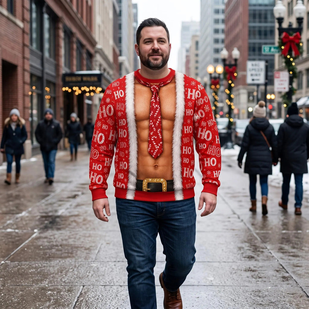 Santa Fake Abs Hairy 3D Sweatshirt, Funny Santa Claus Ho Ho Ho Ugly Christmas Sweatshirt, Gag Gift for Husband, Cute 3D Holiday Sweater