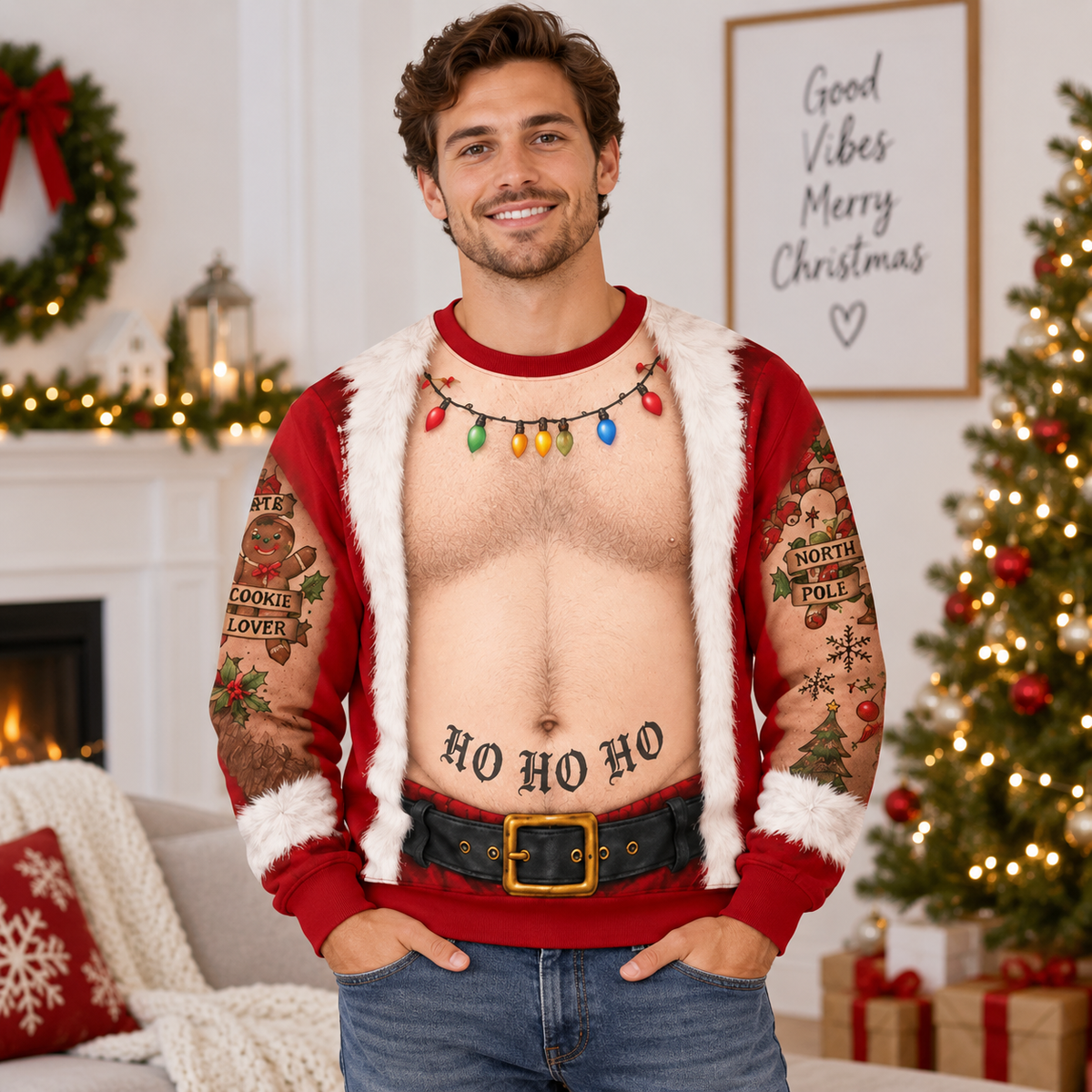 Funny Couple Christmas Fake Body Sweatshirt and Pajama Pants Set, Funny Xmas Set, Santa Gag Shirt, Christmas Party Outfit Man