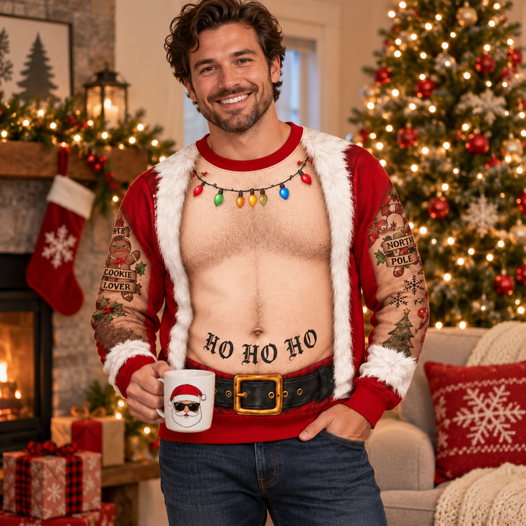 Funny Couple Christmas Fake Body Sweatshirt and Pajama Pants Set, Funny Xmas Set, Santa Gag Shirt, Christmas Party Outfit Man