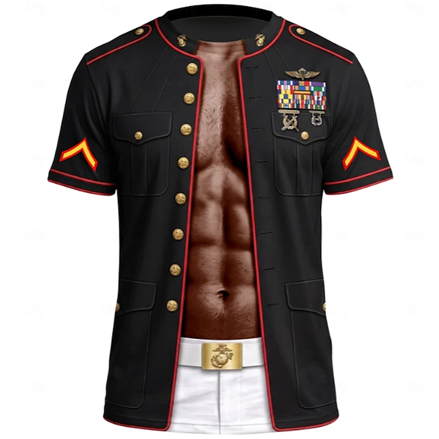 Men 3D Muscle Print Button Up Shirt Blue Short Sleeve Casual Shirt