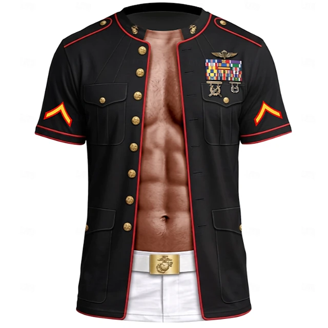 Men 3D Muscle Print Button Up Shirt Blue Short Sleeve Casual Shirt