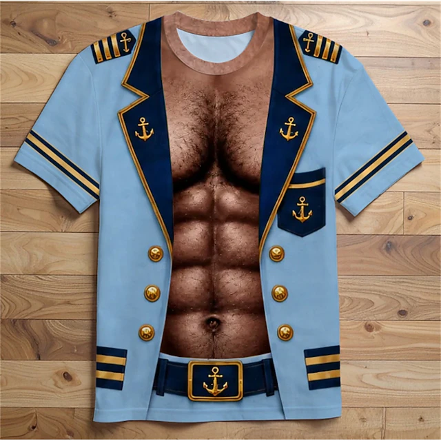 Men 3D Captain Uniform Graphic Shirt Blue Military Costume Tee