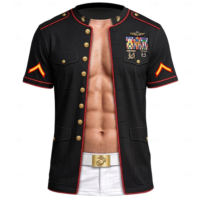 Men 3D Muscle Print Button Up Shirt Blue Short Sleeve Casual Shirt
