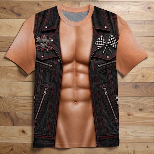 Men 3D Leather Vest Muscle Print Shirt Black Biker Costume Top
