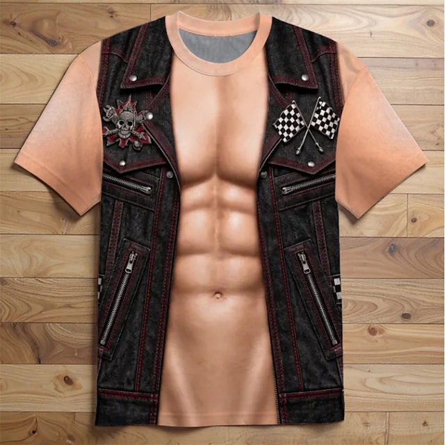 Men 3D Leather Vest Muscle Print Shirt Black Biker Costume Top