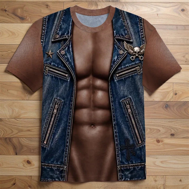 Men 3D Leather Vest Muscle Print Shirt Blue Biker Costume Top
