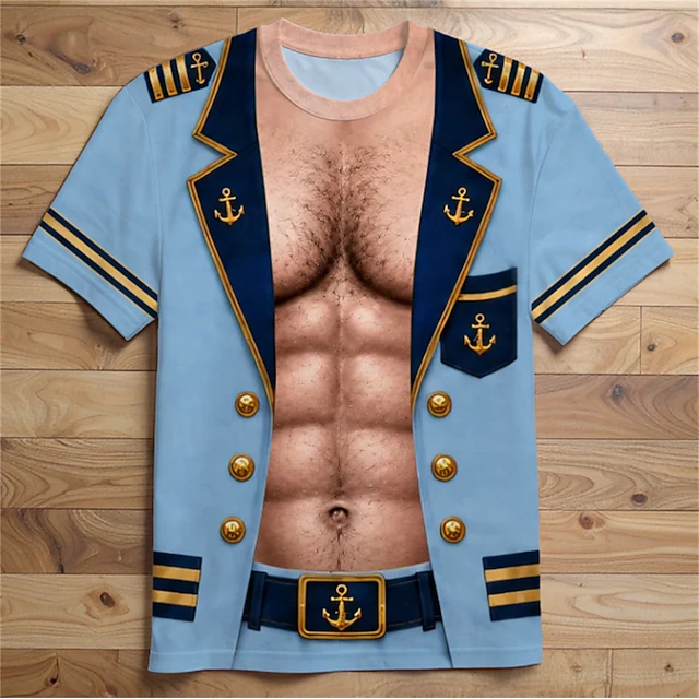 Men 3D Captain Uniform Graphic Shirt Blue Military Costume Tee