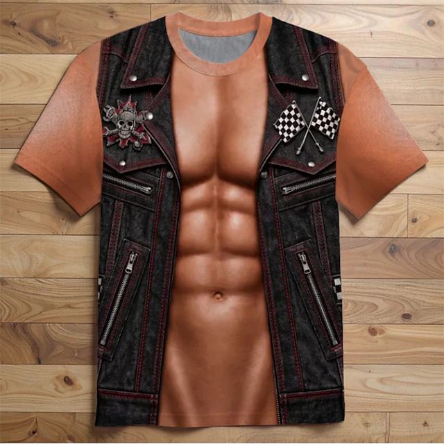 Men 3D Leather Vest Muscle Print Shirt Black Biker Costume Top
