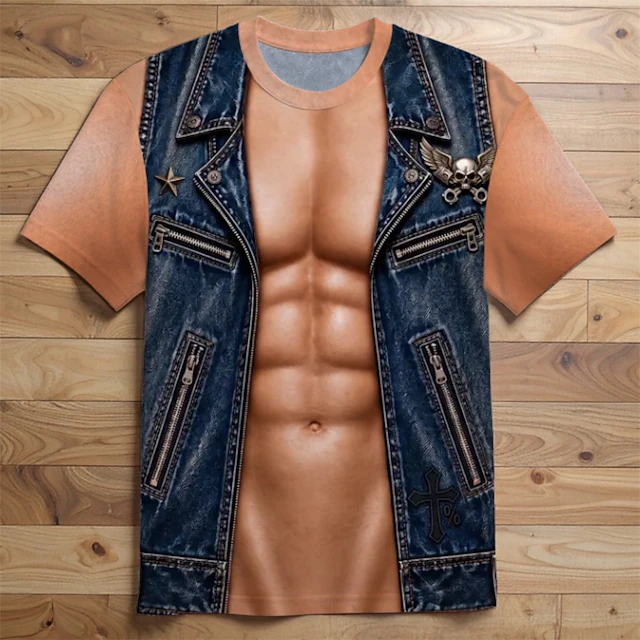 Men 3D Leather Vest Muscle Print Shirt Blue Biker Costume Top