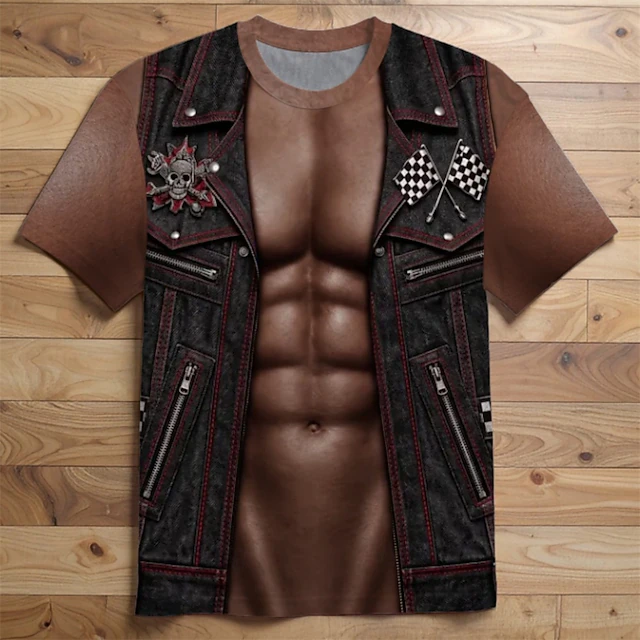 Men 3D Leather Vest Muscle Print Shirt Black Biker Costume Top