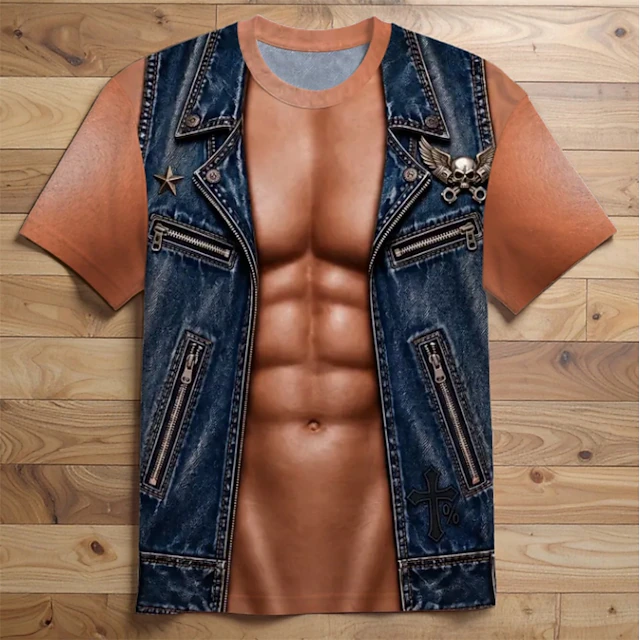 Men 3D Leather Vest Muscle Print Shirt Blue Biker Costume Top