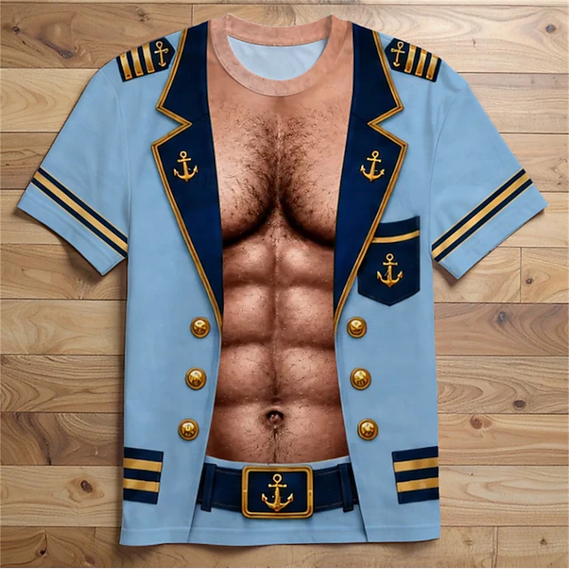 Men 3D Captain Uniform Graphic Shirt Blue Military Costume Tee