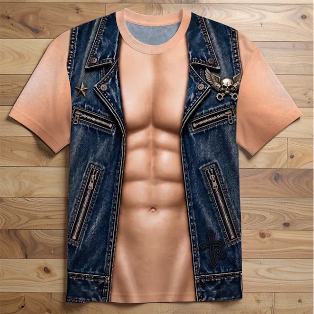 Men 3D Leather Vest Muscle Print Shirt Blue Biker Costume Top