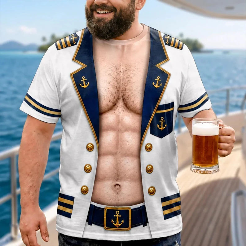 Personalized Funny Captain All Over Print T-shirt, 3D Printing Hairy Chest Graphic, Summer Vacation, Party Outfit Captain Of Chaos, eX14SgTb