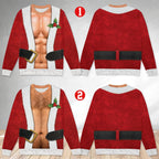 Funny Hairy Chest Santa Christmas Sweater, Realistic 3D Print Red Suit Sweatshirt, Hilarious Holiday Party Outfit, White Elephant Gag