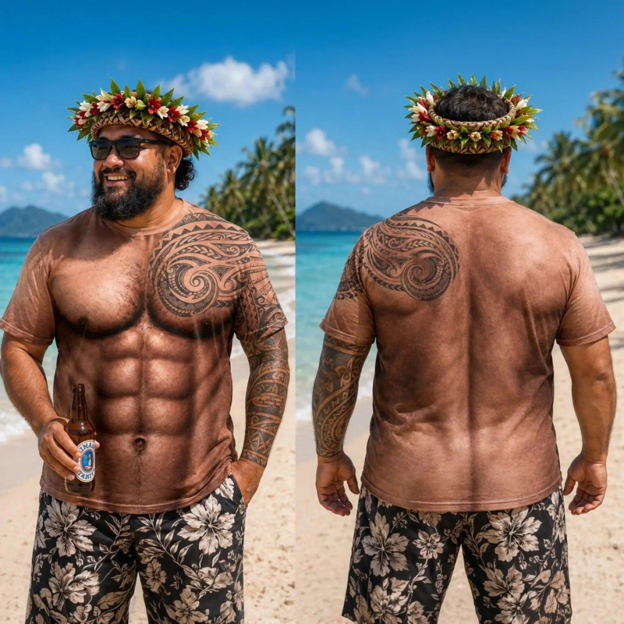 Custom 3D Muscle Tattoo T-shirt Men, Hawaiian Beach Shirt, Polynesian Tribal Tee, Funny Summer Vacation, Tropical Outfit Gift