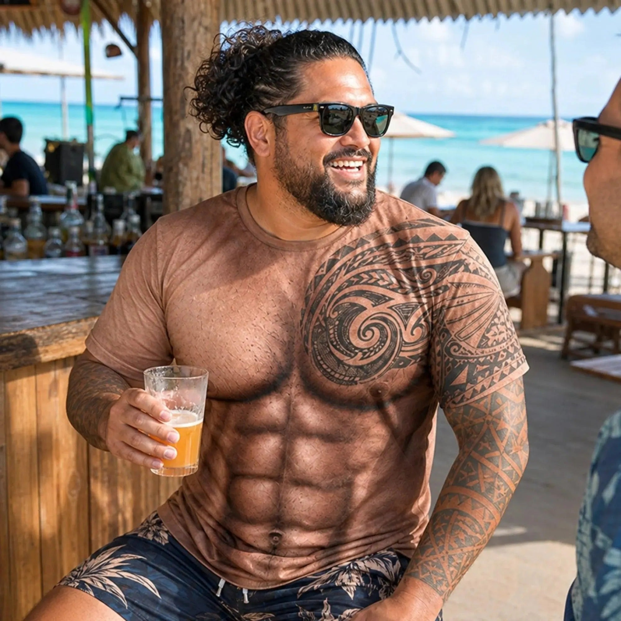 Custom 3D Muscle Tattoo T-shirt Men, Hawaiian Beach Shirt, Polynesian Tribal Tee, Funny Summer Vacation, Tropical Outfit Gift