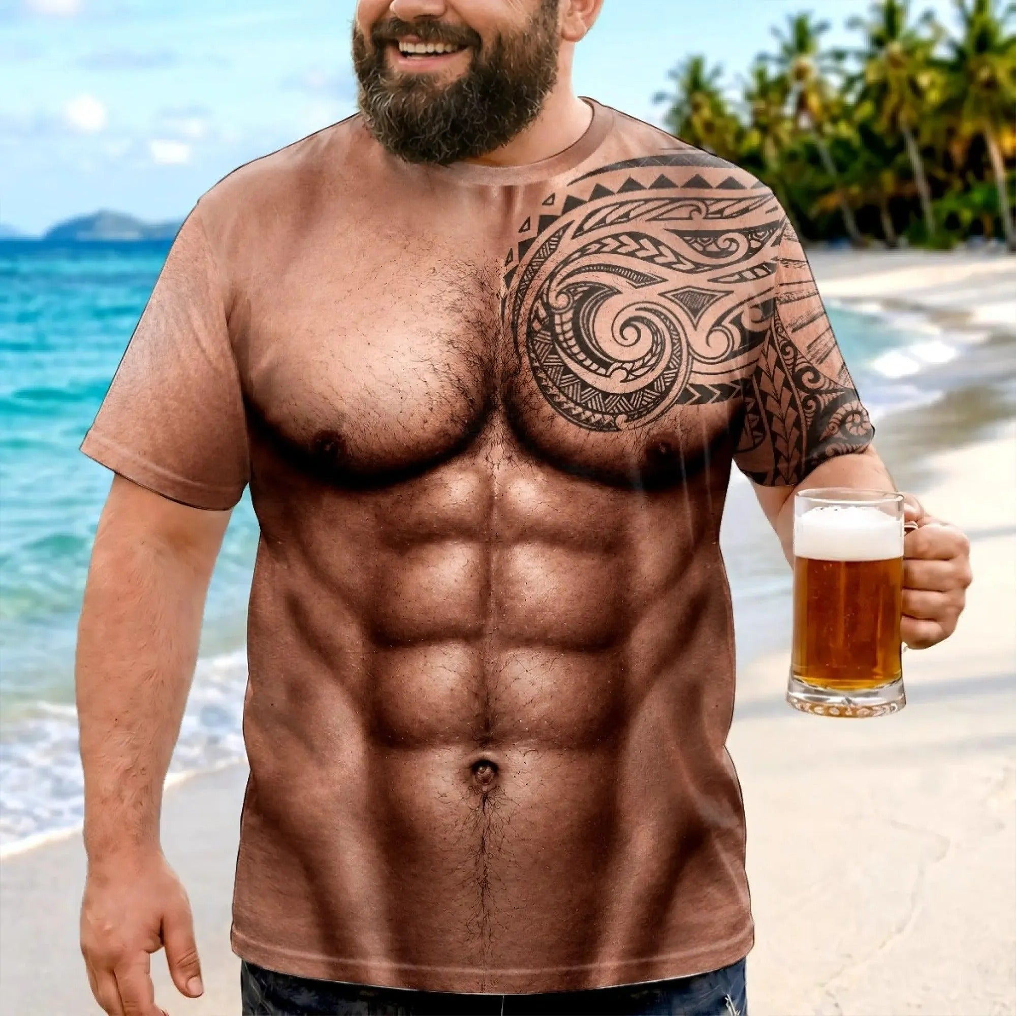 Custom 3D Muscle Tattoo T-shirt Men, Hawaiian Beach Shirt, Polynesian Tribal Tee, Funny Summer Vacation, Tropical Outfit Gift