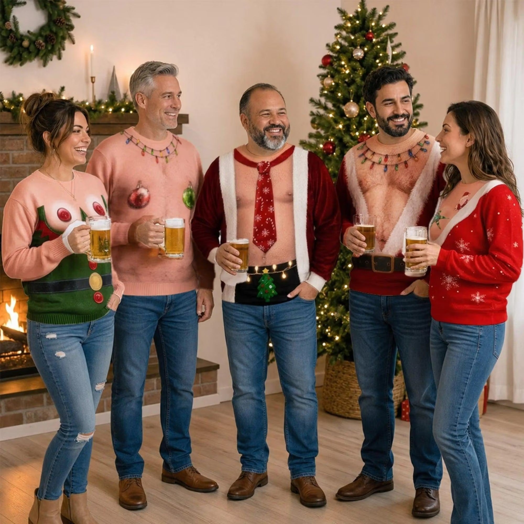 Funny Santa Abs Ugly Sweater, Hairy Chest 3D Print Holiday Party Gift, Chirstmas Gag Gift