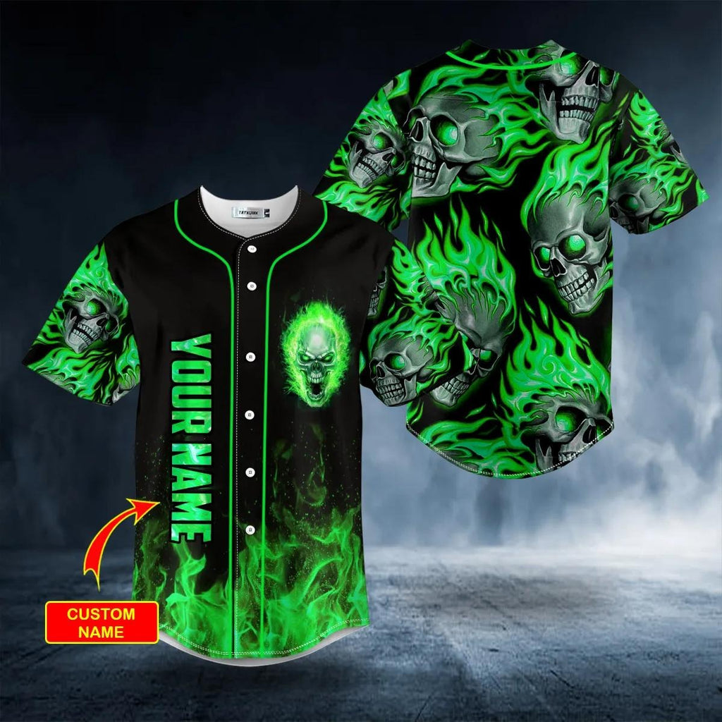 Green Ghost Skull Custom Baseball Jersey, Skull & Viking Graphic Tees 3D All Over Print Clothing