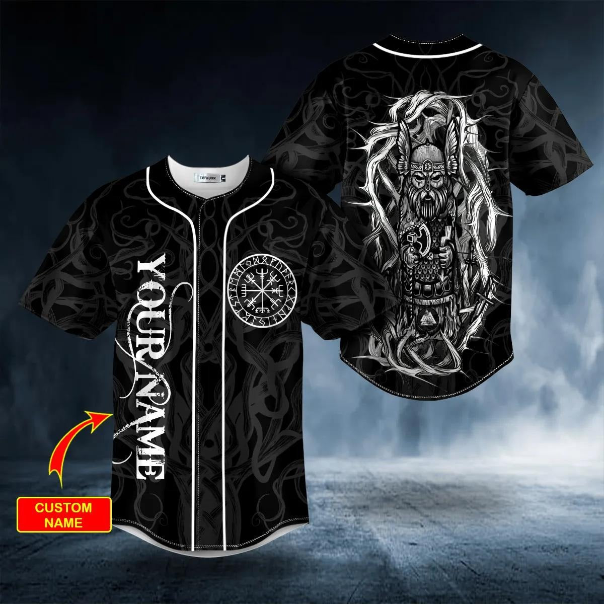 Black White Odin Allfather Viking Tattoo Custom Baseball Jersey – Skull & Viking Graphic Tees _ 3D All Over Print Clothing