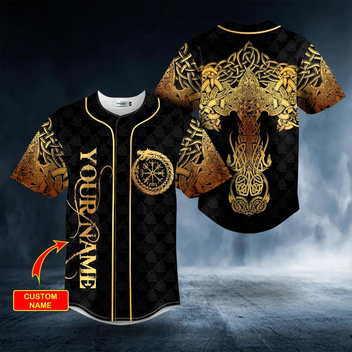 Gold Dragon Swords Viking Tattoo Custom Baseball Jersey – Skull & Viking Graphic Tees