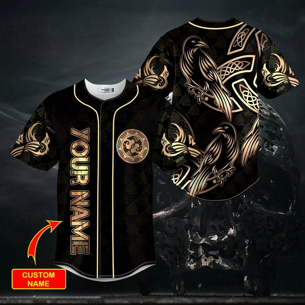 Gold Raven Viking Tattoo Custom Baseball Jersey – Skull & Viking Graphic Tees