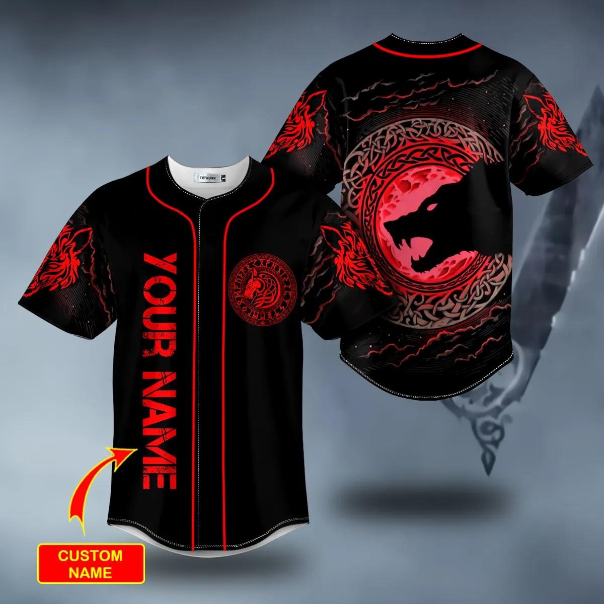 Red Moon Wolf Viking Tattoo Custom Baseball Jersey – Skull & Viking Graphic Tees _ 3D All Over Print Clothing