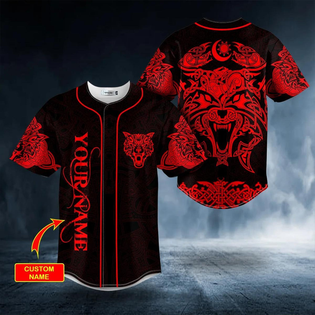 Red Wolf Power Viking Tattoo Custom Baseball Jersey – Skull & Viking Graphic Tees