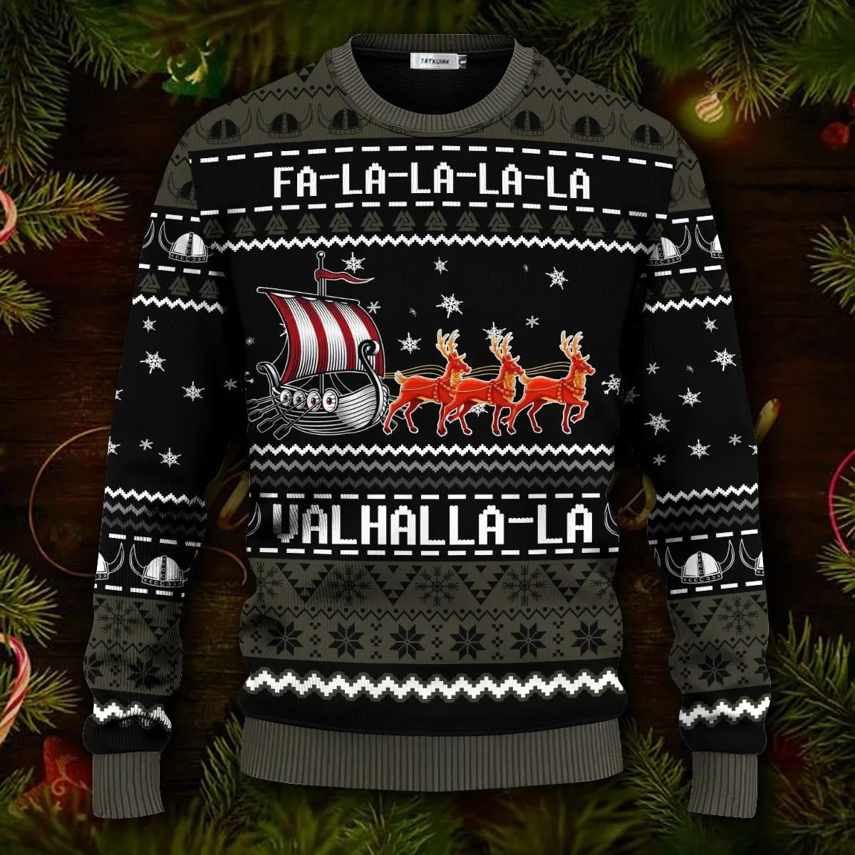 Black Falalalala Valhallala Viking Ships Viking Ugly Christmas Sweater – Skull & Viking Graphic Tees _ 3D All Over Print Clothing