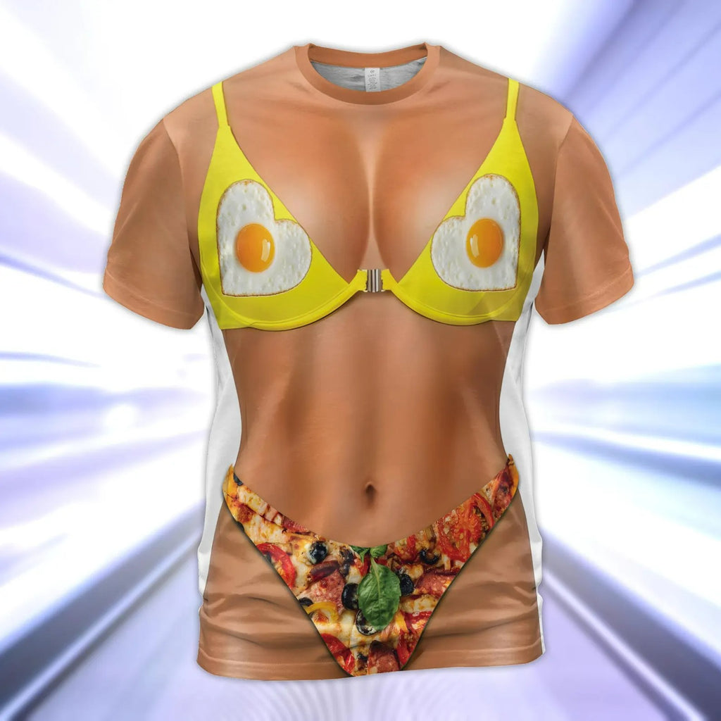 Fake Body Egg and Pizza Bikini Tee, Beach Cover up Humor Graphic Tee