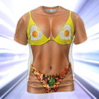 Fake Body Egg and Pizza Bikini Tee, Beach Cover up Humor Graphic Tee