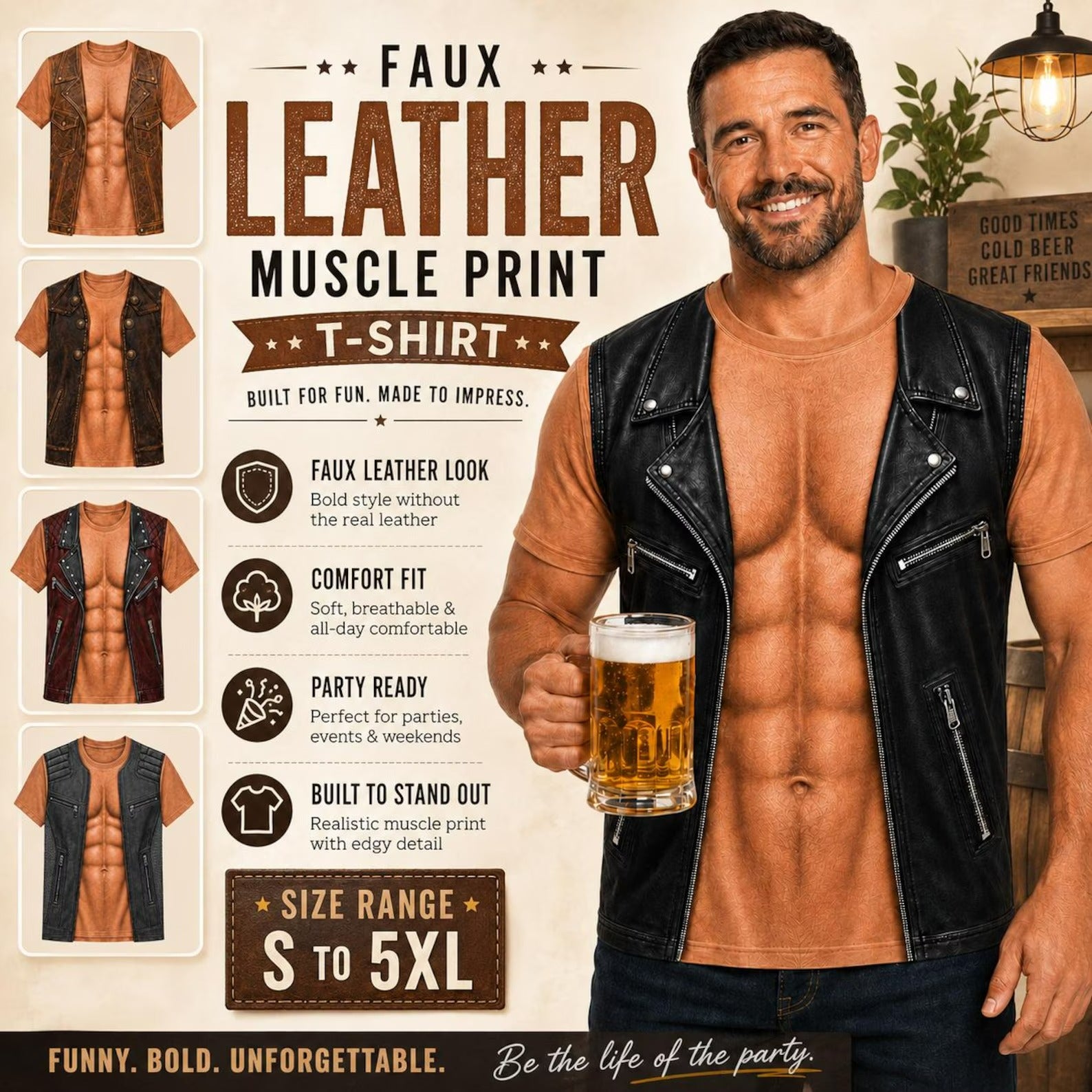 Funny Muscle Print T-shirt, Faux Leather Biker Vest Illusion, Men's Party Costume