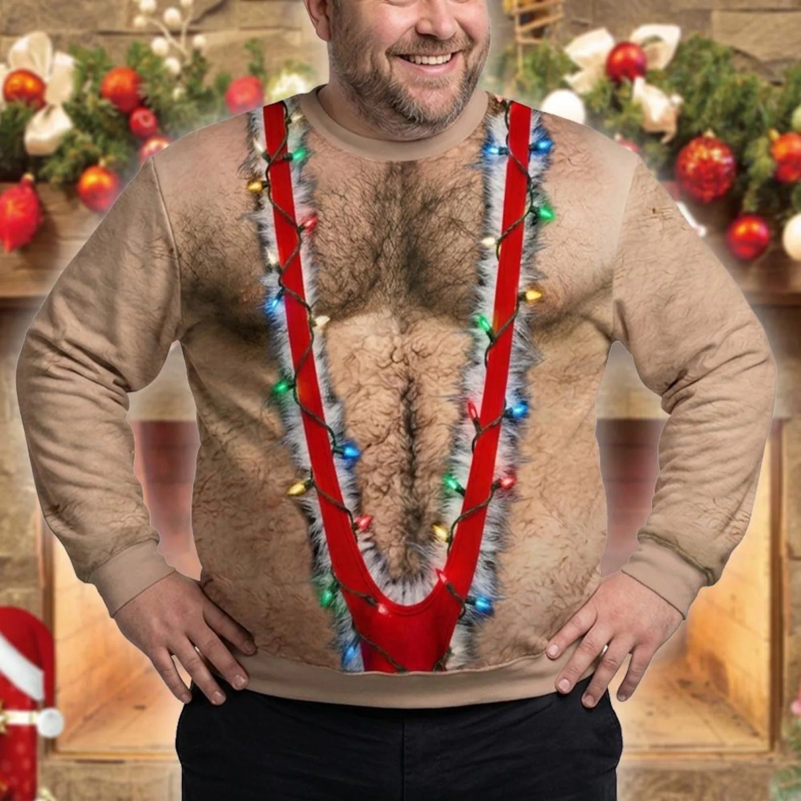 3D Realistic Hairy Chest Sweater, Hairy Chest Suspenders Lights, Funny Christmas Gift for Men