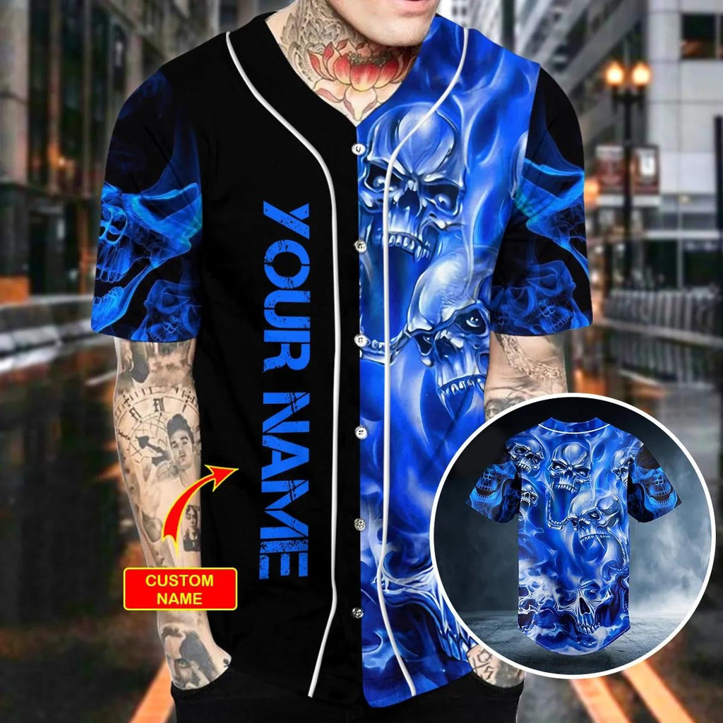 Blue Soul Eater Ghost Skull Custom Baseball Jersey – Skull & Viking Graphic Tees _ 3D All Over Print Clothing