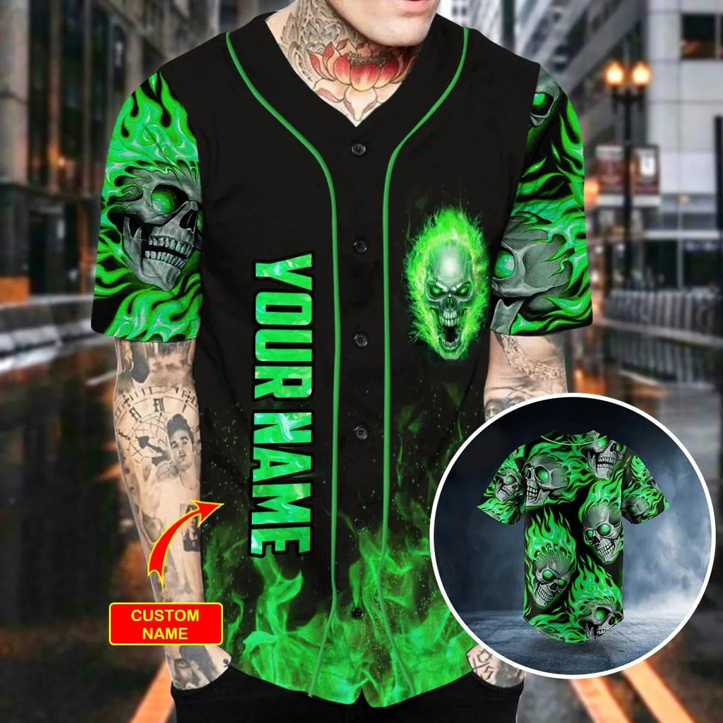 Green Ghost Skull Custom Baseball Jersey, Skull & Viking Graphic Tees 3D All Over Print Clothing
