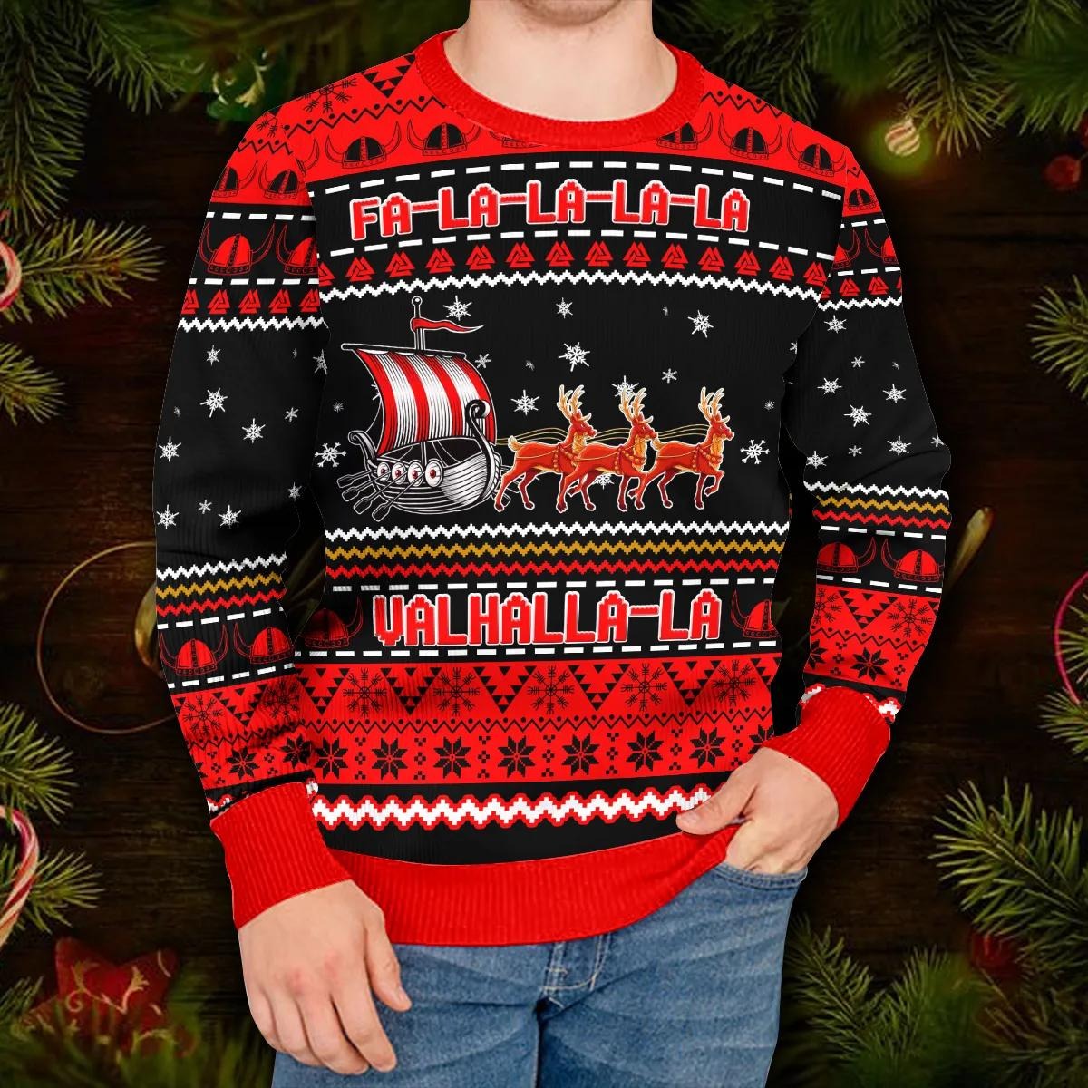 Red Falalalala Valhallala Viking Ships Viking Ugly Christmas Sweater, Skull & Viking Graphic Tees