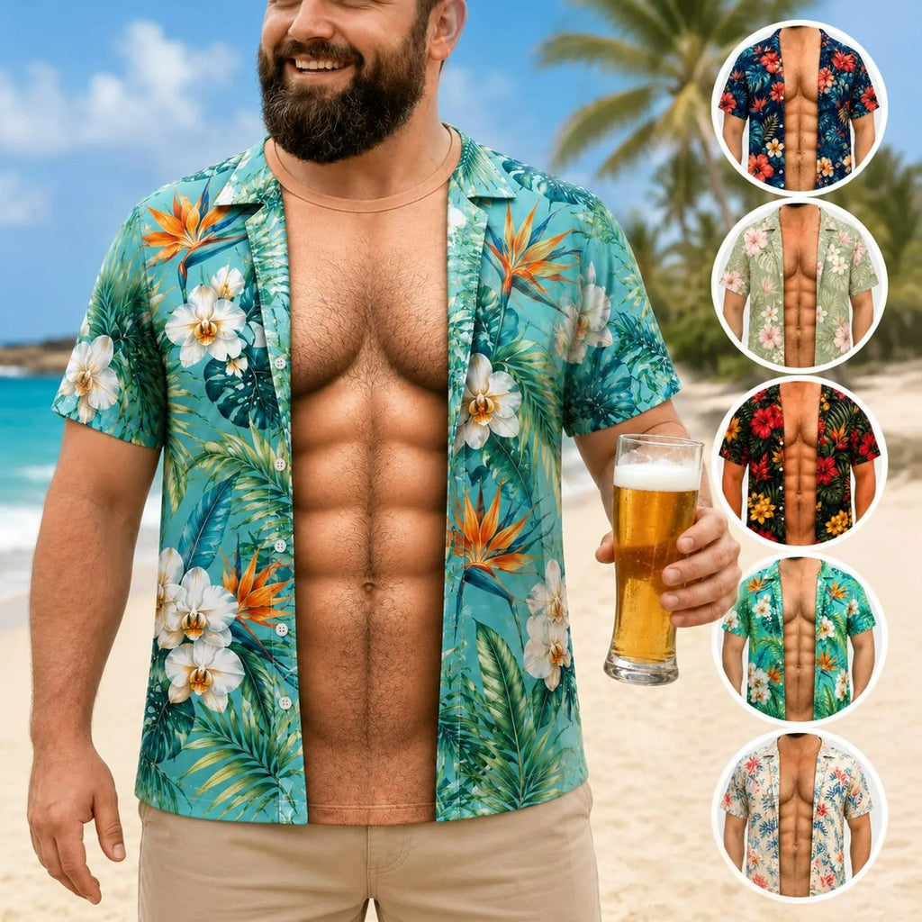 Custom Funny Muscle T Shirt for Men, Hawaiian Shirt Illusion Tee, Personalized 3D Fake Open Shirt, Too Hot to Handle