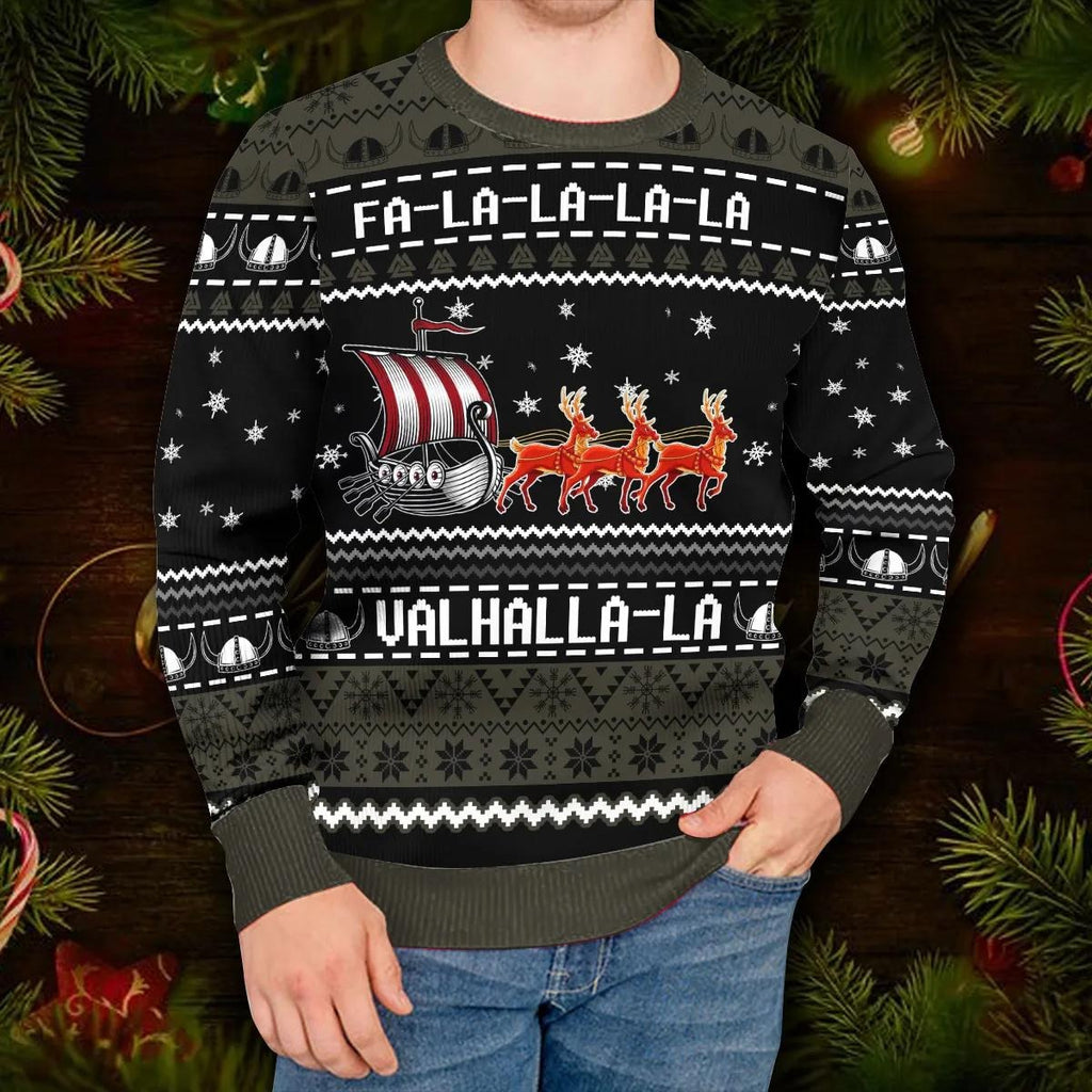 Black Falalalala Valhallala Viking Ships Viking Ugly Christmas Sweater – Skull & Viking Graphic Tees _ 3D All Over Print Clothing