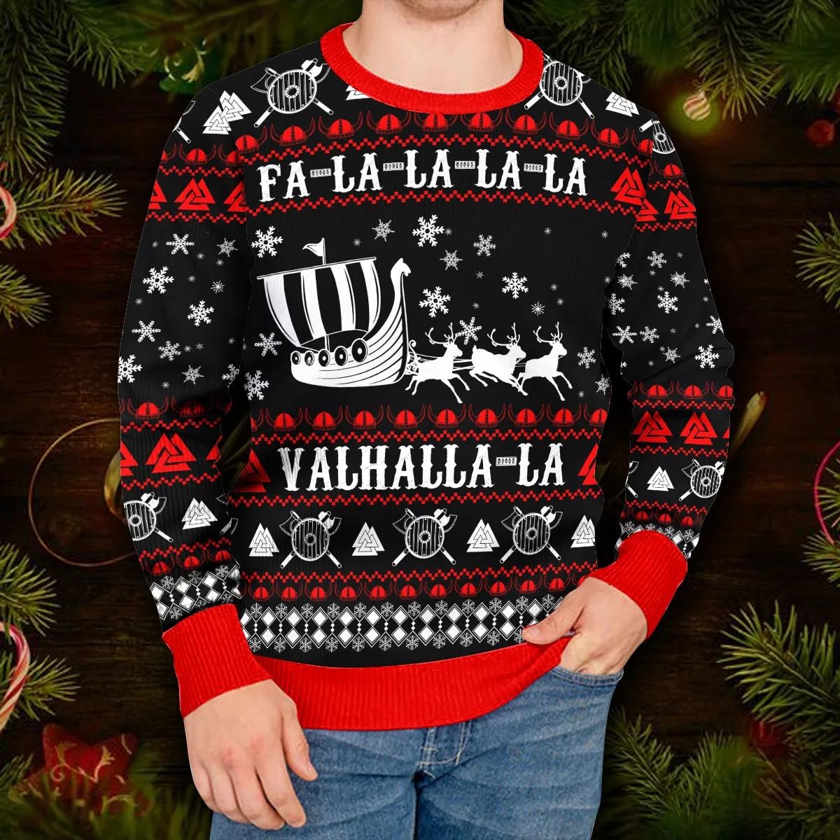 Falalalala Valhallala Viking Ships Viking Ugly Christmas Sweater – Skull & Viking Graphic Tees