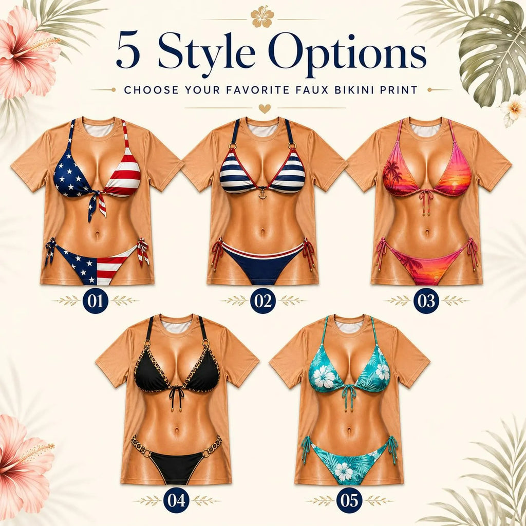Custom Funny Patriotic T Shirt for Women, Faux Bikini Illusion Tee, Personalized Birthday Gift, Sun Kissed Confidence